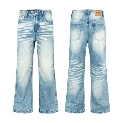 Washed Distressed Light Blue Cat Eye Bamboo Texture Flared Jeans