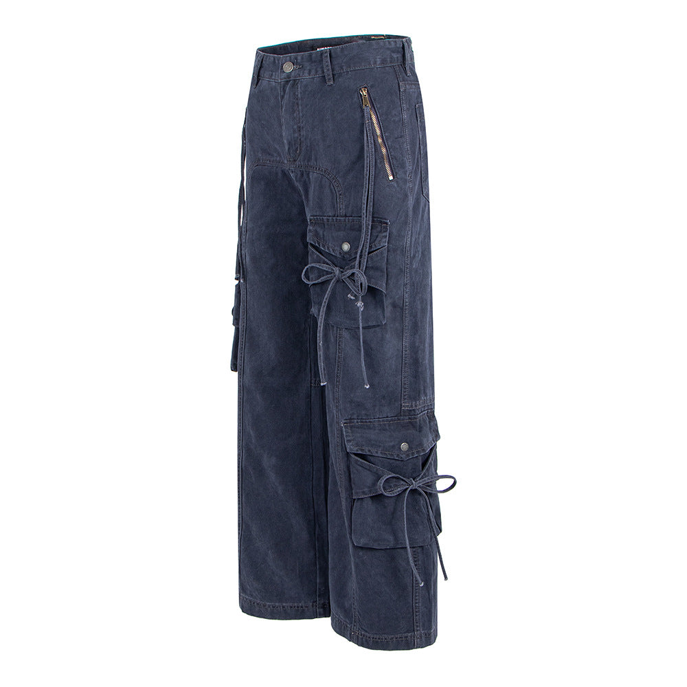 Style Spicy Girl Multi-Pocket Bow Drawstring Design Cargo Flared Jeans for Women