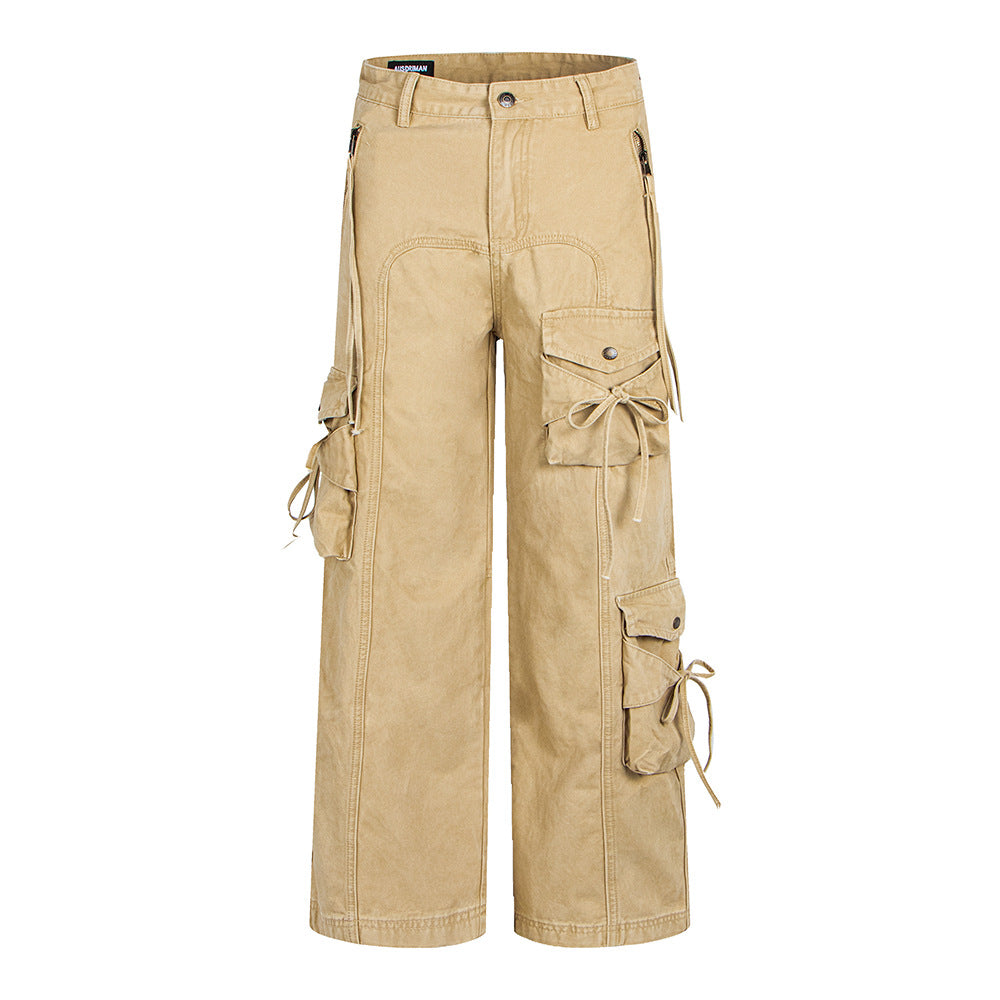 Style Spicy Girl Multi-Pocket Bow Drawstring Design Cargo Flared Jeans for Women