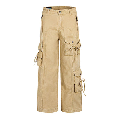 Style Spicy Girl Multi-Pocket Bow Drawstring Design Cargo Flared Jeans for Women