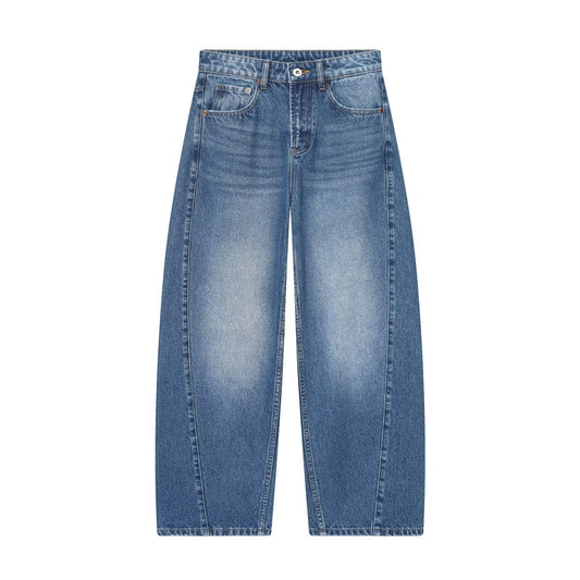Mid waist loose fitting bucket shaped jeans