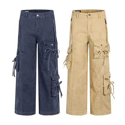 Style Spicy Girl Multi-Pocket Bow Drawstring Design Cargo Flared Jeans for Women