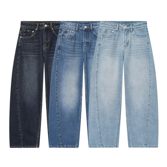 Mid waist loose fitting bucket shaped jeans