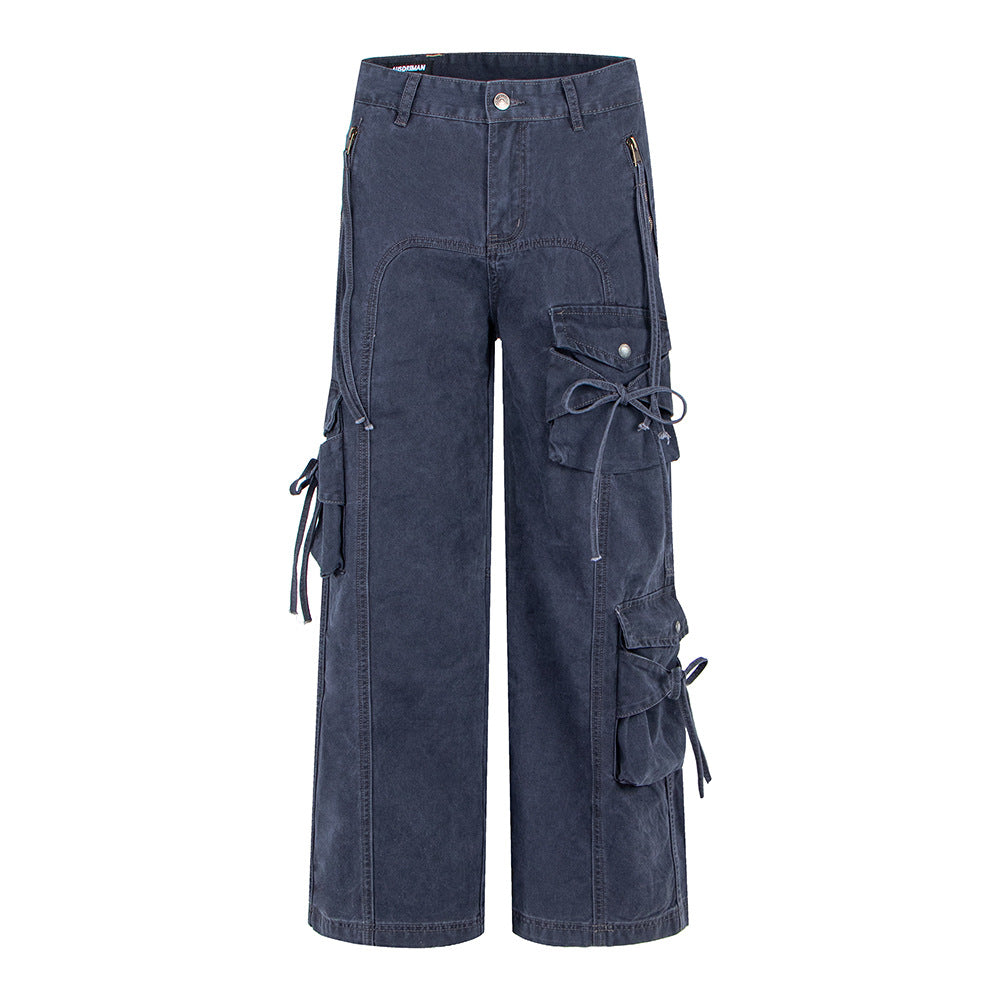 Style Spicy Girl Multi-Pocket Bow Drawstring Design Cargo Flared Jeans for Women