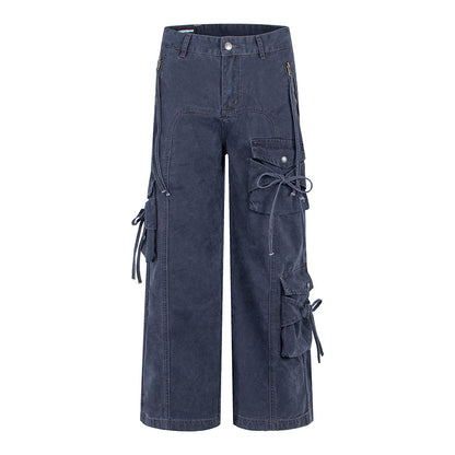 Style Spicy Girl Multi-Pocket Bow Drawstring Design Cargo Flared Jeans for Women