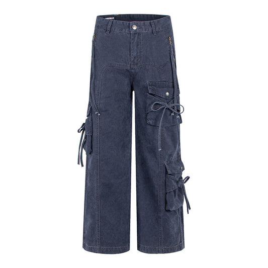 Style Spicy Girl Multi-Pocket Bow Drawstring Design Cargo Flared Jeans for Women