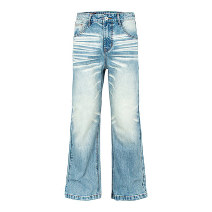Washed Distressed Light Blue Cat Eye Bamboo Texture Flared Jeans